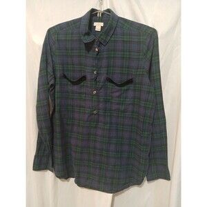 J Crew Shirt Womens M Blue Green Plaid Popover Top Beaded Chevron Casual Preppy
